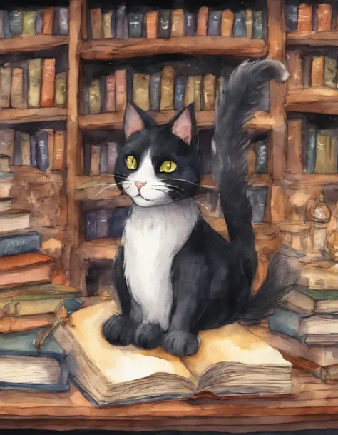 cat stall　Great atmosphere　Picture book illustration　Watercolor　whole,Warm colors　A black cat and a white cat in a bookstore　