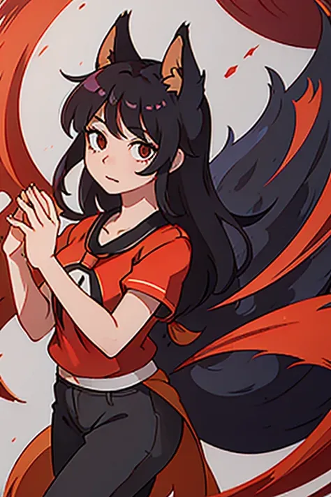 ahri,black hair,red cloth and black cloth with shirt fox ears and fox tail