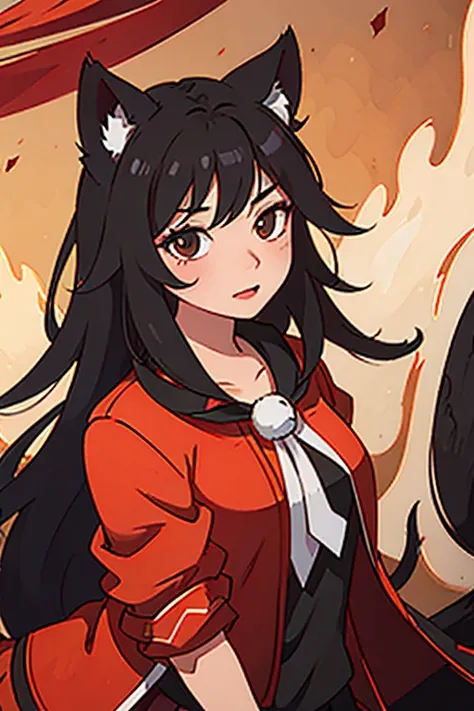 ahri,black hair,red cloth and black cloth with shirt fox ears and fox tail