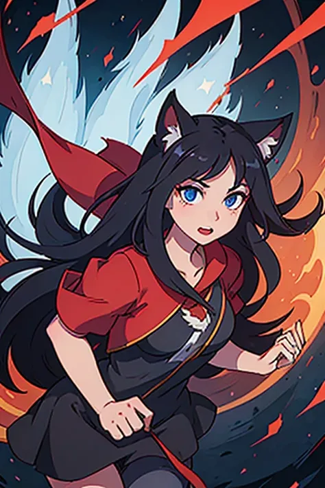 ahri,black hair,red cloth and black cloth with shirt fox ears and fox tail blue eyes