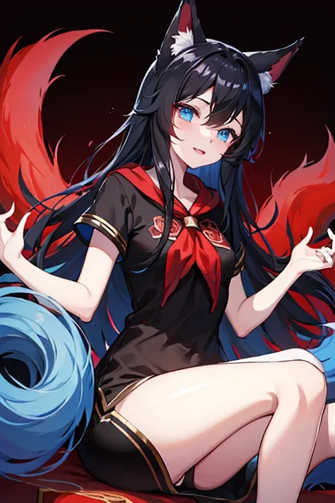 ahri,black hair,red cloth and black cloth with shirt fox ears and fox tail blue eyes