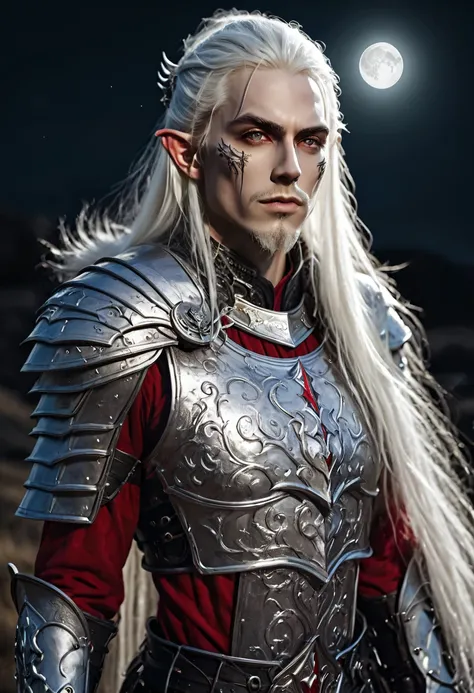 Everquest evil elf ,white eyebrows, eyelashes, curved mouth expression, smooth skin, long luscious platinum whie hair, long detailed goatee, full detailed body, hyper realistic detailed black red white necromantic warrior armor, fantasy two handed claymore...