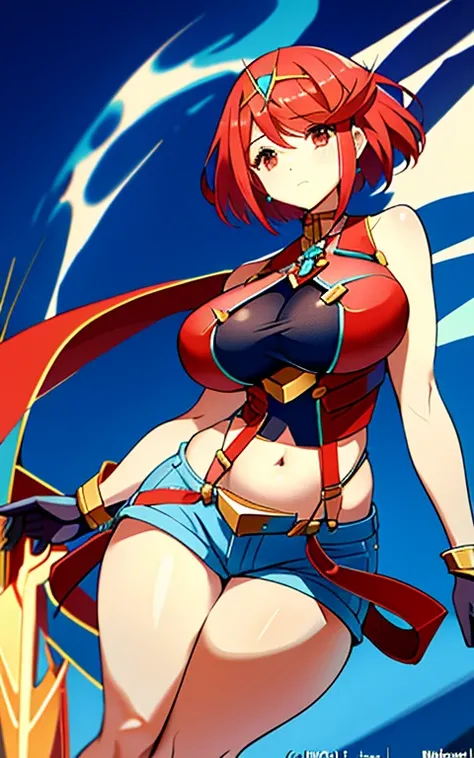 masterpiece,best quality,pyra,(xenoblade),xenoblade chronicles (series), (xenoblade chronicles 2),1girl, bangs, breasts, red eyes,earrings, eyelashes, floating hair, gem, gloves, hair ornament, headpiece, jewelry, huge breasts,huge thighs, narrow waist, wi...