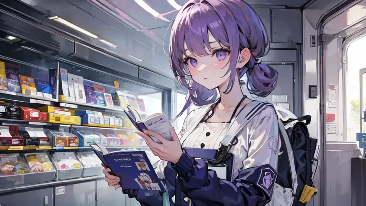 purple hair, purple eyes, 1girl,(masterpiece:1.2) , (best quality:1.2) , (ultra-detailed:1.2), 4k, 8k, wearing headphones, Averted Gaze, closed mouth, reading a book, at the cafe, Half-Body Shot