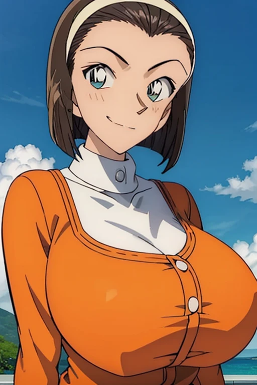 looking at the camera、When I Look at You、lookatviewer、Anime Style、Eroge、1 girl,  (Huge breasts:1.5)、((Collarless white cropped blouse))、Low Angle、Brown haired, hair band、bob hair、The forehead is visible、blush, bangs,round chest、smile、((whole body))、(From b...