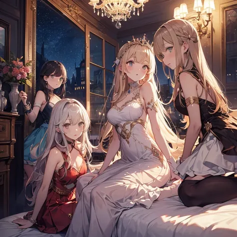 A group of young princesses, (in bedroom), various hair styles, harem, wearing royal dress, night, details face, , short skirt, seducing, sleeveless , showing armpits, night, starry night