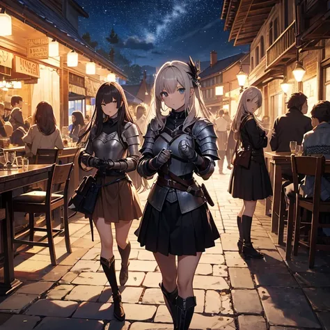 A group of young female knight, (in tavern), various hair styles, harem, wearing armored clothes, metal armor, night, details face, , short skirt, seducing, sword, sleeveless , night, starry night 