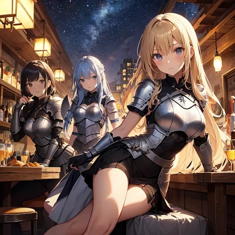 A group of young female knight, (in tavern), various hair styles, harem, wearing armored clothes, metal armor, night, details face, , short skirt, seducing, sword, sleeveless , night, starry night 