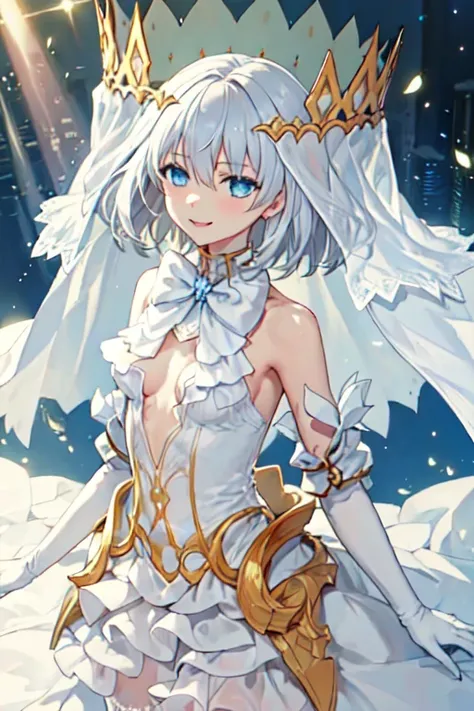 masterpiece, best quality, 1 Girl, Fly an origami angel, blue eyes, Solitary, permanent, crown, white hair, short hair, Bangs, Hair between the eyes, White Veil, Looking at the audience, Smile, Bare shoulders, cleveage, Small Breasts, Separate sleeves, Elb...