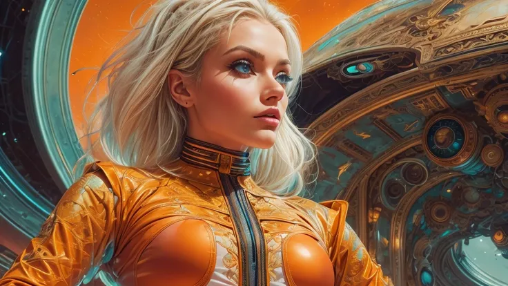 arafed image of a white woman in a futuristic suit with a spaceship in the background, movie art, in front of an orange background, inspired by Robert McGinnis, female protagonist, megastructure in the background, portrait of an ai astronaut, astronauts, a...