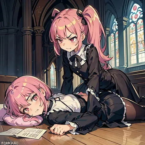 Girl with pink hair, long twin-tail hairstyle, (small bushy pink eyebrows), dressed in gothic lolita clothing, lolicon (Zankuro) drawing style by zankuro artist, Zancro style, image uploaded to R34, in a church full of people, having sex in public, with an...