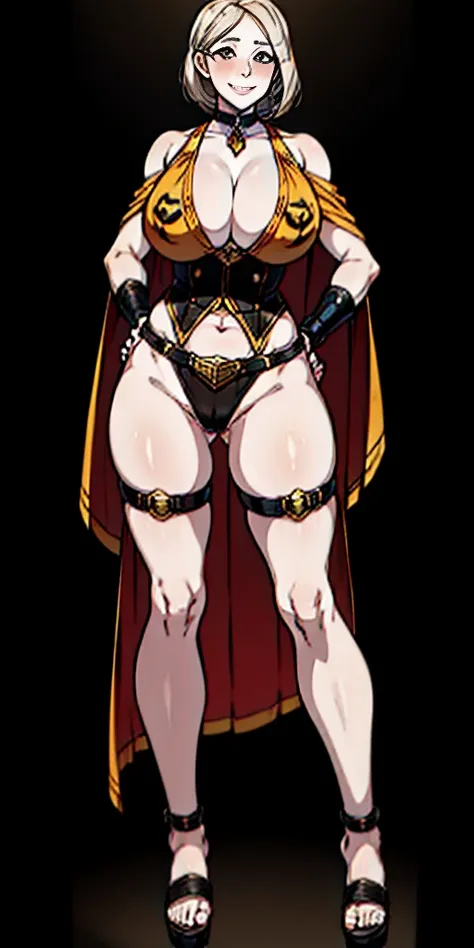 ((BLACK BACKGROUND,1:2, masterpiece)), full body MILF BIMBO standing with two long thighs and two high heels, red eyes, silver white hair, short bob style hair, big breasts, cleavage, separate sleeves, tiara royal, long cape up to two feet, yellow bikini, ...