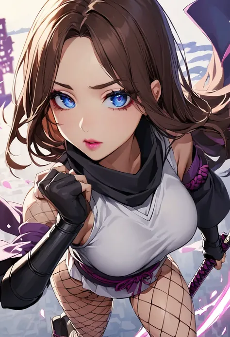 brown hair、Waist-length hair、Blue Eyes、Beautiful eyes、Delicate Eyes、Droopy eyes、Pink Lips、Purple Lateard、Female ninja、Fishnet tights、Black Gauntlet、Tabi shoes、Ninja sword