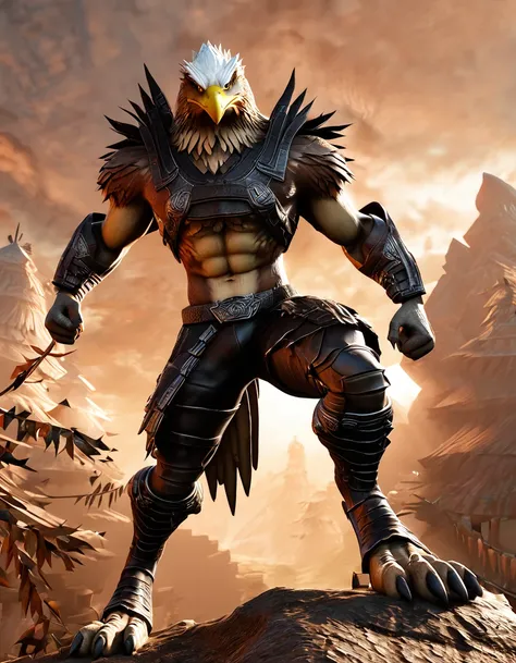 Eagle, 3d ps3 game screenshot, solo, abs, pecs, male, digitigrade feet, badass pose, torn clothes, detailed, masterpiece, best art,