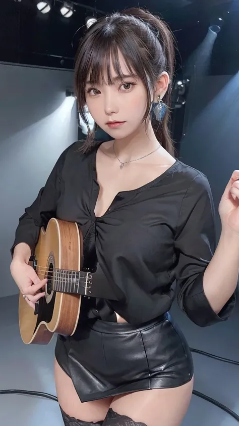 (highest quality, masterpiece: 1.2), Ultra-high resolution, Realistic, complete lighting, Intricate details, Exquisite detail and texture, 1 Girl, guitarist playing guitar, The guitar is a blue metal electric guitar that mixes blue and white., passionately...