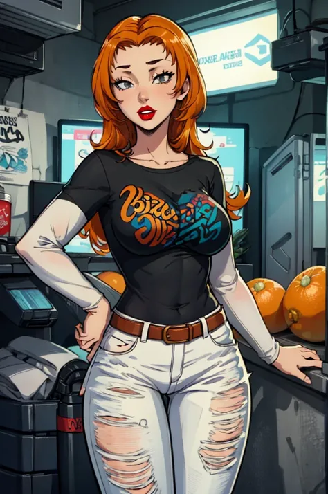 Izzy_Total_Drama, orange hair, 1girl, solo, standing, black t-shirt, white shirt, blue jeans, belt, lipstick, large breasts