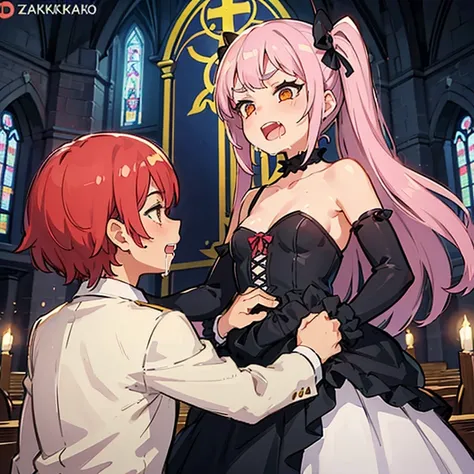 Girl with pink hair, long twin-tail hairstyle, (small bushy pink eyebrows), dressed in gothic lolita clothing, lolicon (Zankuro) drawing style by zankuro artist, Zancro style, image uploaded to R34, (in a church full of people), flirtatious smile, suddenly...