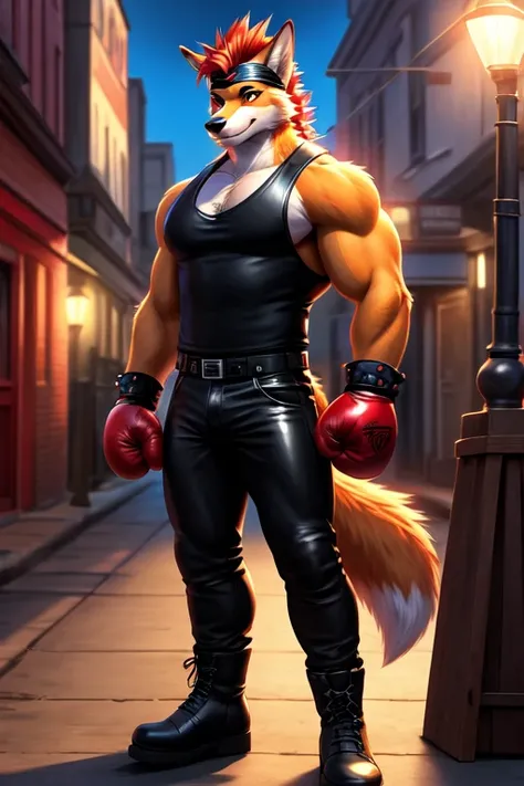 ((best quality)), ((masterpiece)), (detailed), perfect face, Bara Furry, Anthropomorphic wolfdog, 70% Wolf, 25% Tamaskan wolfdog, 5% Dingo, 67 and 233 lbs, 50" Chest, 21" Shoulders, 17" Biceps, 36" Waist, 25" thighs, 17" calves, 20" back, orange fur, red f...