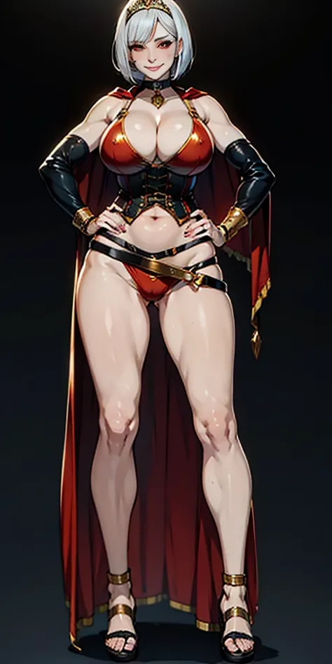 ((BLACK BACKGROUND,1:2, masterpiece)), full body MILF BIMBO standing with two long thighs and two high heels, red eyes, silver white hair, short bob style hair, big breasts, cleavage, separate sleeves, tiara royal, long cape up to two feet, yellow bikini, ...