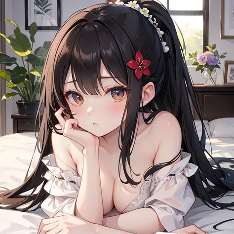 highest quality, High resolution,thin、(delicate:1.4)、Brown eyes、expensive、7 Class-large、Black Hair、Long Hair,Straight hair、Luxury、On the bed、(naked:1.4),、(Flower Hair Ornaments:1.4),(Upward glance:1.3)、、ponytail、cute、Shyness　Big Breasts　（Sitting）　（Spread y...