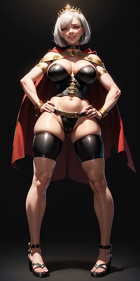 ((BLACK BACKGROUND 1:2, masterpiece)), full body whole body 1solo slave fighter MILF BIMBO standing with two long thighs and two metal sandals, red eyes, silver white hair, short bob style hair, big breasts, cleavage, loincloth standing, hands on hips, sep...