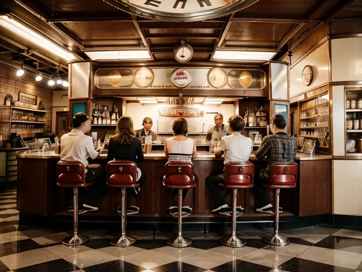 Vintage-Diner aus den 1950er Jahren: shiny chrome, rote Vinylkabinen, Black and white floors. Behind the counter, rows of drink fountains await guests. Mittendrin, eine charmante Kellnerin, enorm , pretty face, lange Haare, serves delicious meals in a clas...