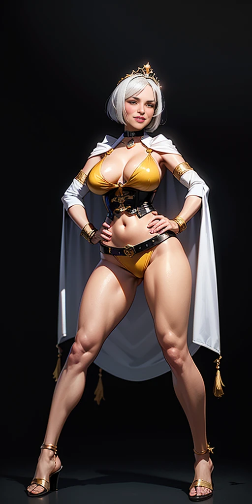 ((BLACK BACKGROUND 1:2, masterpiece)), full body whole body 1solo slave fighter MILF BIMBO standing with two long thighs and two metal sandals, red eyes, silver white hair, short bob style hair, big breasts, cleavage, loincloth standing, hands on hips, sep...