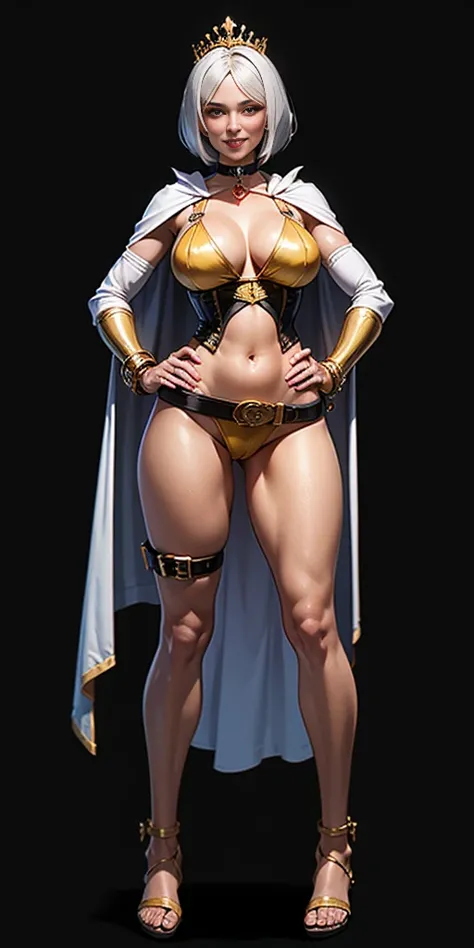 ((BLACK BACKGROUND 1:2, masterpiece)), full body whole body 1solo slave fighter MILF BIMBO standing with two long thighs and two metal sandals, red eyes, silver white hair, short bob style hair, big breasts, cleavage, loincloth standing, hands on hips, sep...