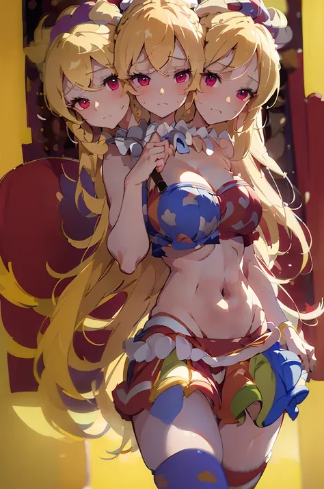 (masterpiece, best quality), best quality, (ultra-detailed), (3heads:1.5), 1girl, (ultra-detailed), (3heads:1.5), 1girl, (clownpiece:1.3), masterpiece, best quality, ultra quality, ultra resolution, ultra detail, red and blue top, crop top, ((stomach)), mi...