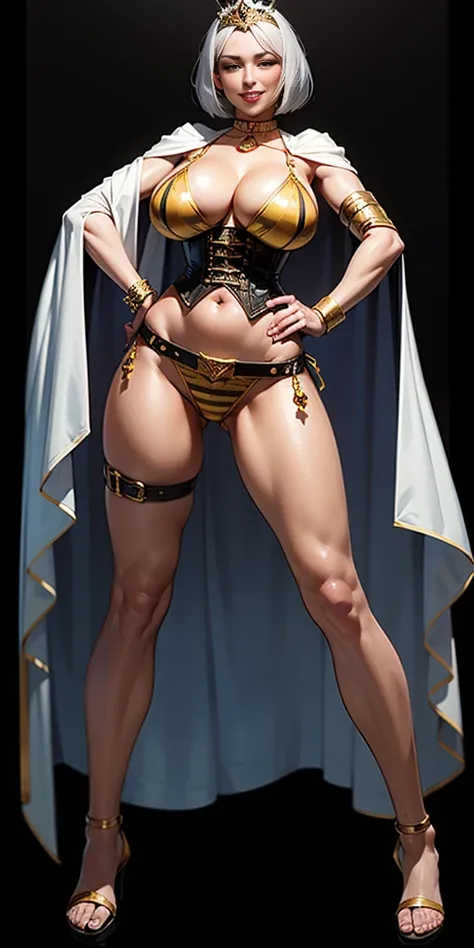 ((BLACK BACKGROUND 1:2, masterpiece)) full body whole body 1solo slave fighter MILF BIMBO standing with two long thighs and two metal sandals, silver white hair, short bob style hair, big breasts, cleavage, loincloth standing, hands on hips, separate sleev...