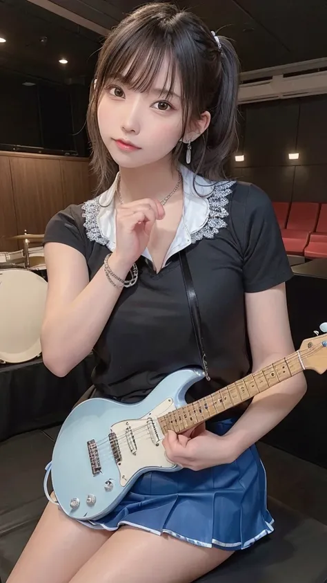 (highest quality, masterpiece: 1.2), Ultra-high resolution, Realistic, complete lighting, Intricate details, Exquisite detail and texture, 1 Girl, guitarist playing guitar, The guitar is a blue metal electric guitar that mixes blue and white., passionately...