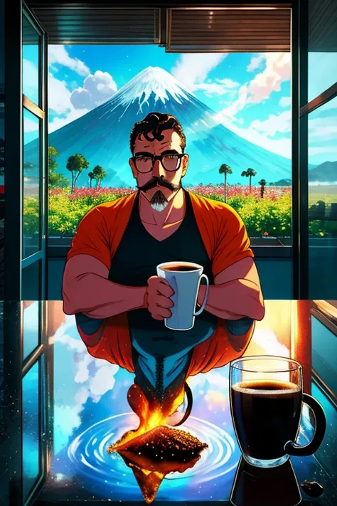 retrato realista de um homem de oculos barba e bigode, rosto definido e detalhado, with a cup of coffee in your hands. ele esta ...