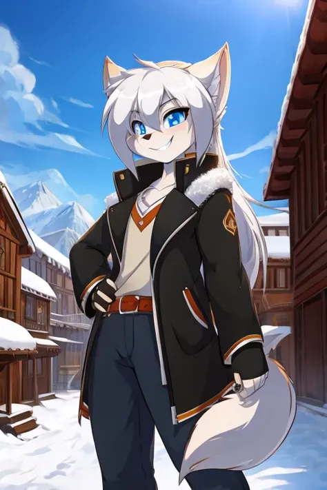 young wolf girl, white wolf ears, long white hair, messy hair, blue eyes, in a snow, wearing black lether jacket, tattoed body, 4k, masterpiece, smiling, holding a katana, best quality, HD,