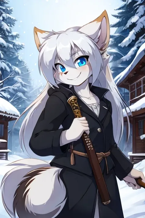 young wolf girl, white wolf ears, long white hair, messy hair, blue eyes, in a snow, wearing black lether jacket, tattoed body, 4k, masterpiece, smiling, holding a katana, best quality, HD,