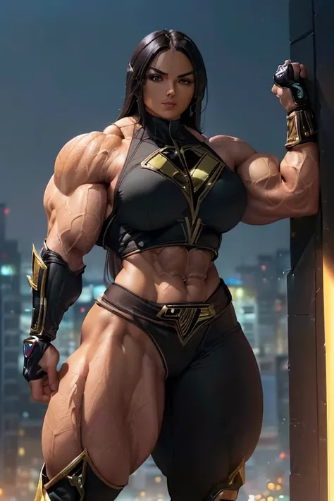 ((((Massive, beautiful, buff, light brown skinned muscular woman with black hair, ginormous bulky muscles and wearing a black power ranger suit with tight pants)))), close view, (massive muscle), (massive biceps), (straight long hair), orange eyes, hero gl...