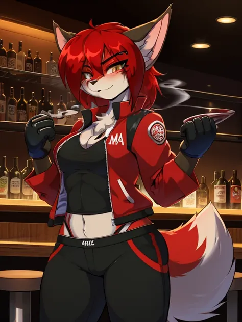 anthropomorphic furry lynx girl, poison, red hair, wearing a jacket with a smoke pattern on it, in black pants, hands in bandage...