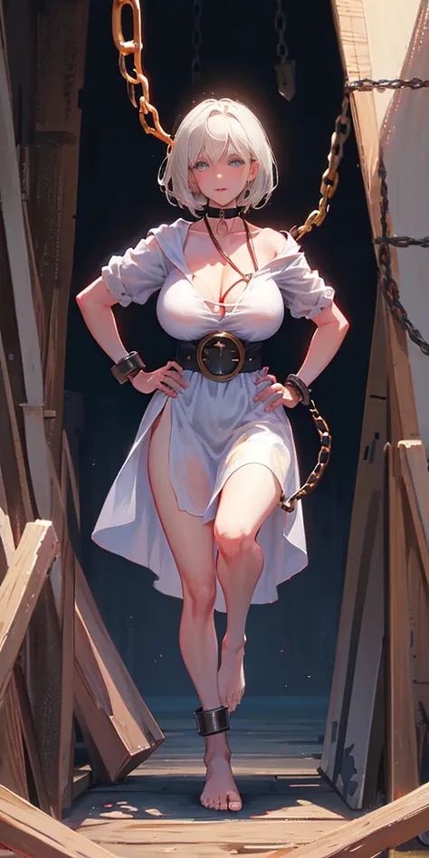 full body, barefoot, solo, female, big breast ,linen tunic, fantasy village, armor, Handcuffs on their hands, With a collar around the neck, hands on hips, slave, ((black choker, shackles on legs and arms))