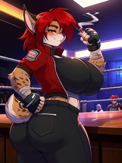 Anthropomorphic furry lynx girl, poison, Red hair, wearing a jacket with a smoke pattern on it, in black pants, hands in bandages, (((MMA fighter))), burn on left eye, big breasts, big ass working in a bar as a bartender in anime style, 
