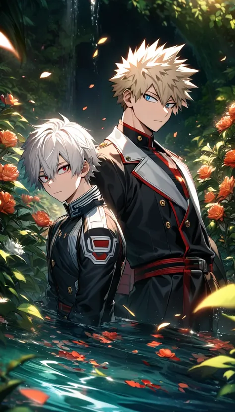 Ultra detailed, highres, absurdres, HDR, Todoroki Shoto, white hair, blue eyes, Bakugo Katsuki, ash blond hair, red eyes, Boku No Hero Academia, flowers, petals, green leaves, water, 2 men together, gay couple, handsome, very detailed face and eyes, black ...