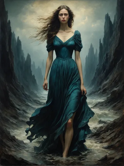 A hauntingly surreal depiction of a woman displaying irregular proportions, her figure seems to be dissolving or melting akin to the dreamlike landscapes observed in art created during the fine de siècle era. The soft touch of the brush merges colors toget...