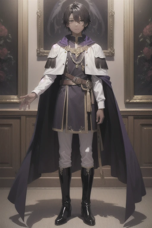 (boy1),(anime),(young teenager aged 16),(dark brown skin color),(brown eyes),(short black hair),(height 1.80cm),(wearing),+,(a 16th century emperors outfit, consisting of a shiny black cape with purple tones, and black boots with purple tones, and a black ...