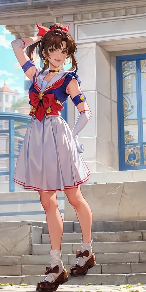 best quality, (masterpiece:1.2), highly detailed, standing, outdoors, building, school, FEMALE hand on hips 1girl, solo, standing, looking at the viewer, smile, sign to viewer brown hair, ponytail, brown eyes, scrunchie, (sailor senshi uniform), circlet, j...