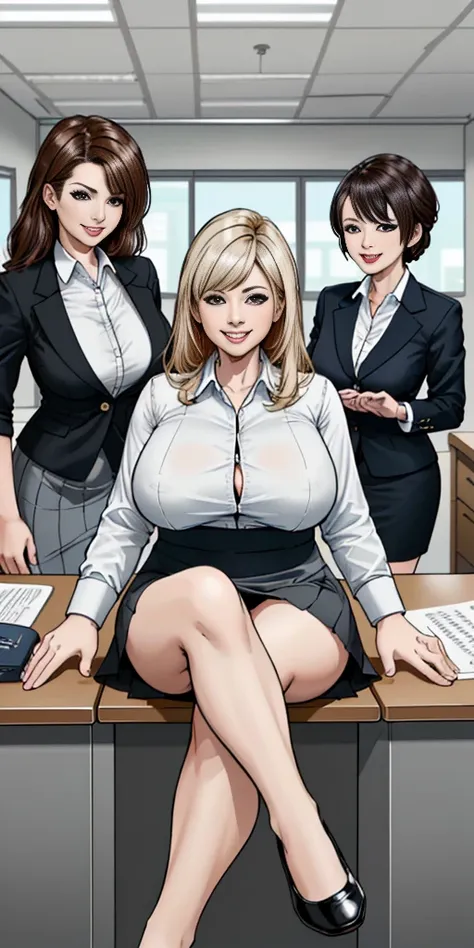 ((Best Quality, 8k, Masterpiecedetails, ultra-high resolution)), (group picture),(looking at the viewer), (full shot:), attractive business 5 milfs, 5 people, a bit chubby:0.25, seductive expression, white collared shirt, grey skirt, (sitting with cross le...