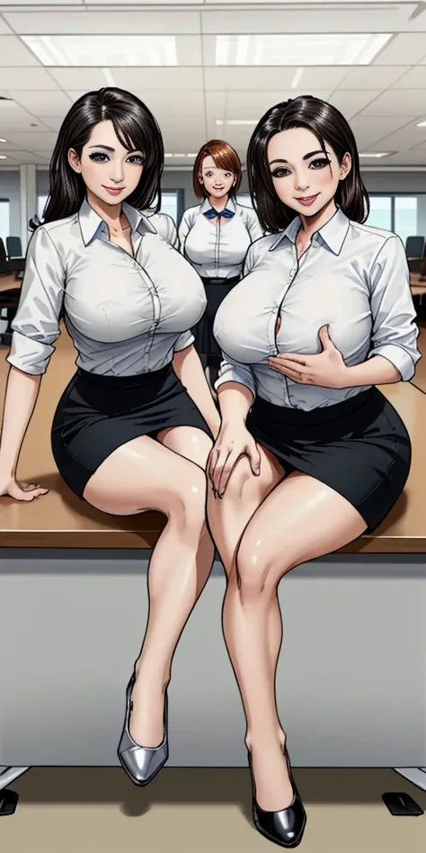 ((Best Quality, 8k, Masterpiecedetails, ultra-high resolution)), (group picture),(looking at the viewer), (full shot:), attractive business 5 milfs, 5 people, a bit chubby:0.25, seductive expression, white collared shirt, grey skirt, (sitting with cross le...