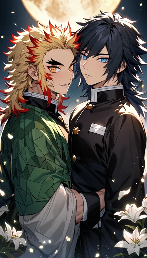 absurdres, highres, ultra detailed, HDR, master piece, best quality, Tomioka Giyu, untamed black hair, expressive blue eyes, Kimetsu No Yaiba, Rengoku Kyojuro, blond hair, expressive orange eyes, 2men together, gay couple, handsome, demon slayer uniform, p...