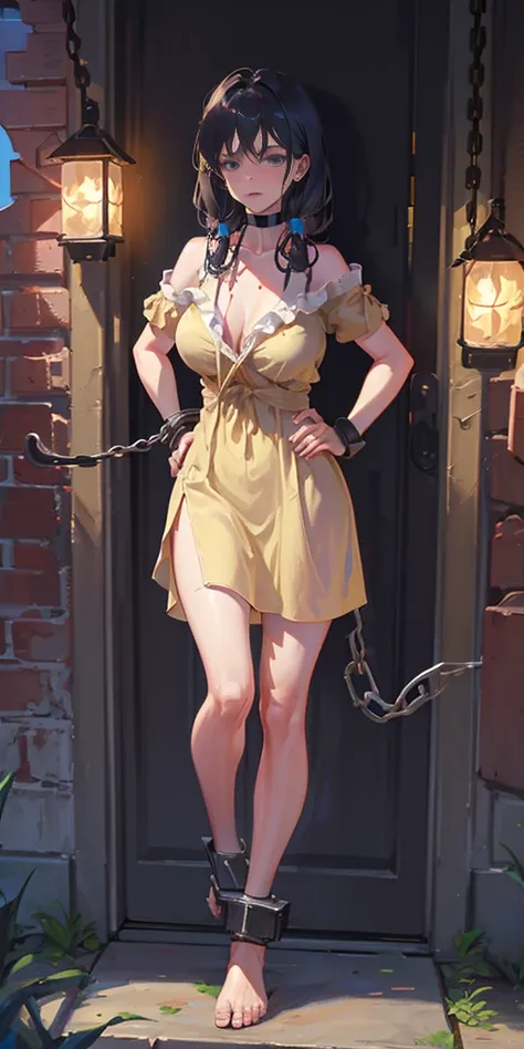 full body, barefoot, solo, female, big breast ,linen tunic, fantasy village, armor, Handcuffs on their hands, With a collar around the neck, hands on hips, slave, ((black choker, shackles on legs and arms))