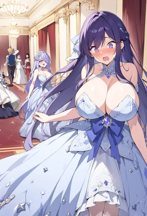 Estila looking at the prince&#39;s next wife, 18 years old, long dark violet hair, lilac eyes, huge breasts, light blue gala dress with gold stars in the palace in the ballroom, surprised.hentai