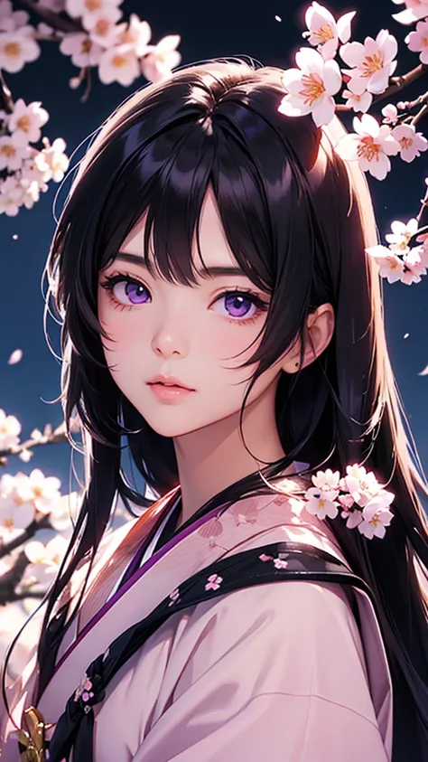 highest quality、Realistic、Night Sky、full moon、moonlight、cherry blossoms、cherry blossoms吹雪、adult woman、Japanese Zoom、look up、cute、Purple eyes、Black Hair、long hair、cherry blossoms柄の白い着物、Japanese clothing、Face close-up、slender