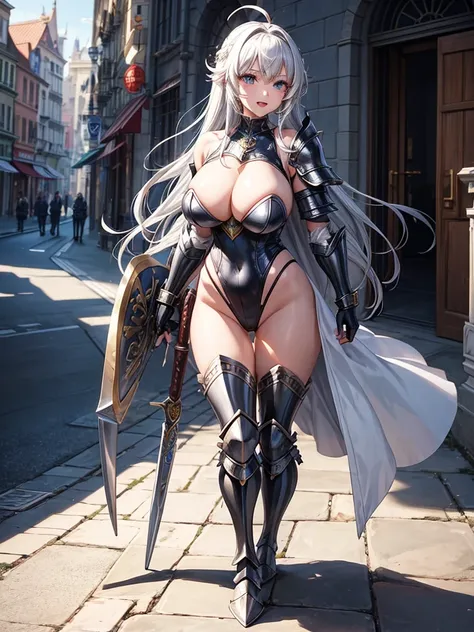 Woman knight、a beauty girl、huge tit、Excellent style、Nice Buddy、glamorous、leotard、s Armor、Shoulder rest armor、Bra chest armor、knee boots、gauntlets、hair adornments、silber hair、Longhaire、Ahoge、is standing、full body seen 、Medieval city、Walking、slightly open mo...