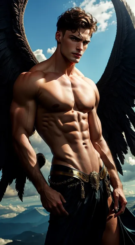 (extremely detailed 8k wallpaper), a medium shot shot of a young male model, masculine features, blue eyes, brown hair, strong jawline, fit body, which tall, full body, prince aesthetic, gothic architecture, shirtless, soft lighting, beauty lighting , huge...